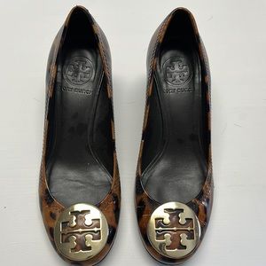 Tory Burch leopard patent wedges.